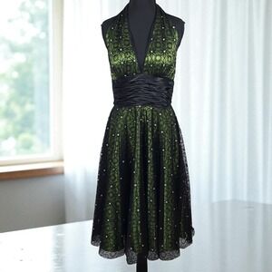 Vintage Adrianna Papell Boutique Green Black Lace Halter Dress Size 8 Whimsygoth